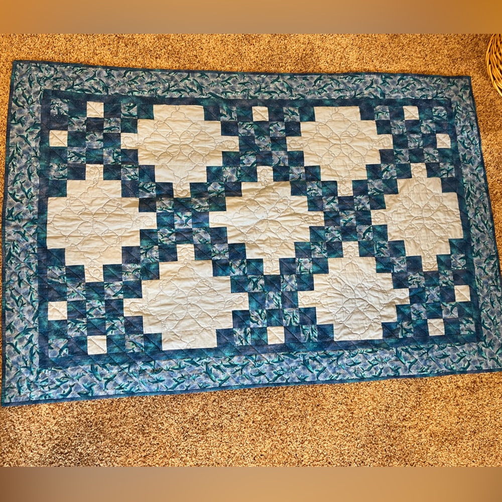 Handmade blue dolphin coastal quilt 57x37 soft beachy decor ocean theme blanket